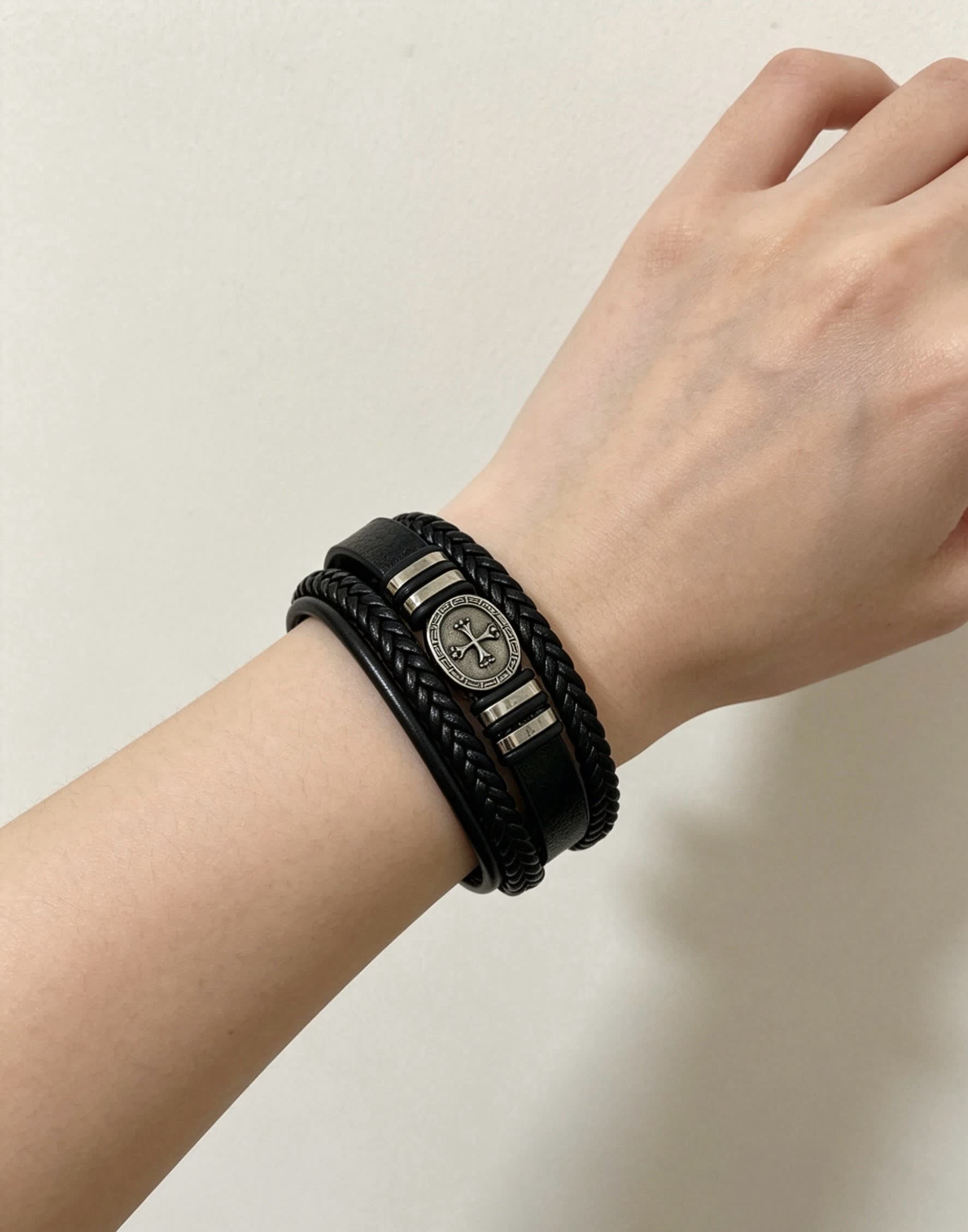 Chrome Hearts Men's Black Leather Bracelet with Silver Accents